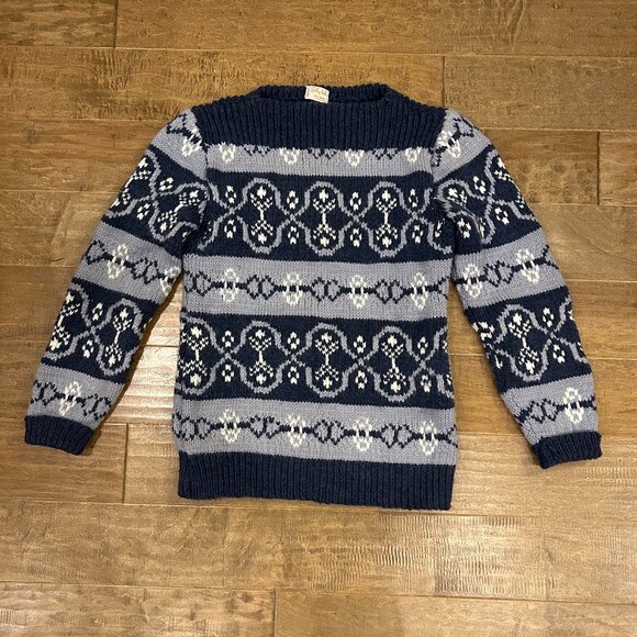 Hand-knit women's blue & white chunky knit sweater (M?) - Picture 1 of 6